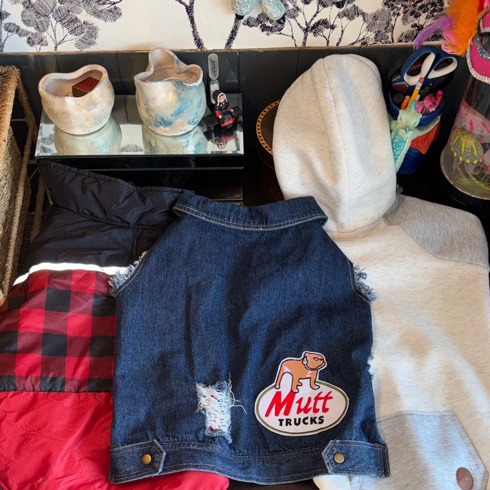 EUC set of three dog sweaters jackets vests. Cream and gray sweatshirt material